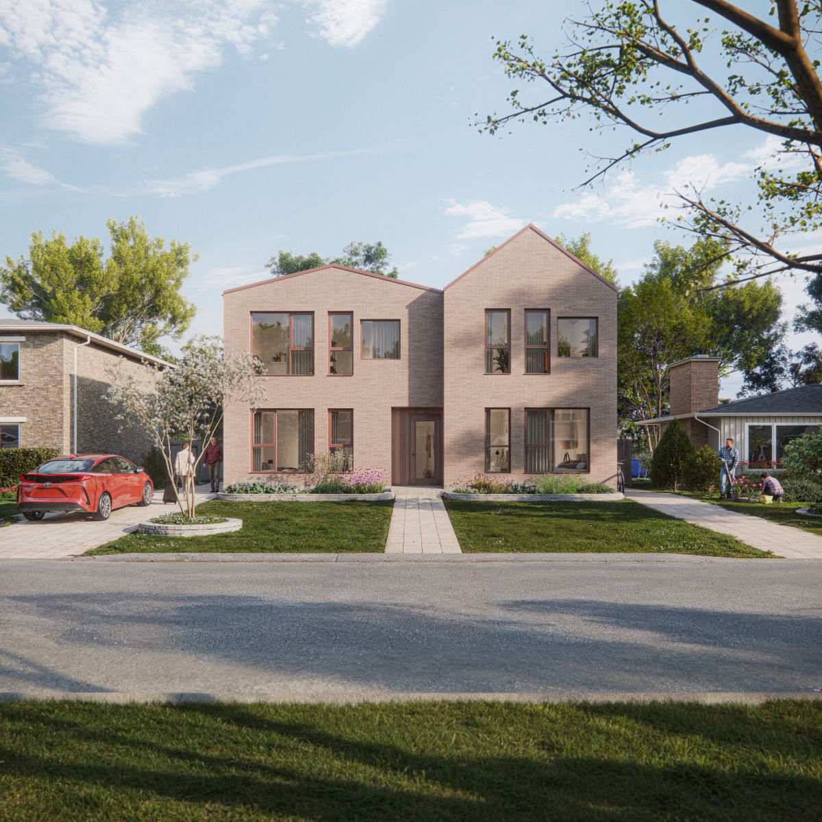 A 3D rendering of a fourplex with a warm brick facade and symmetrical pitched roofs. 